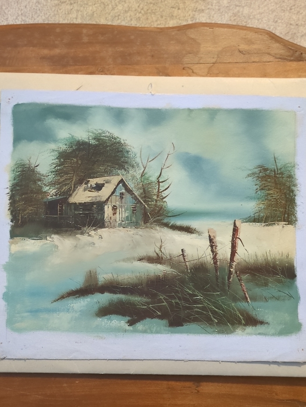 Vintage Oil Painting On Canvas Seaside Cabin Landscape Wall Art - Teal and Ivory